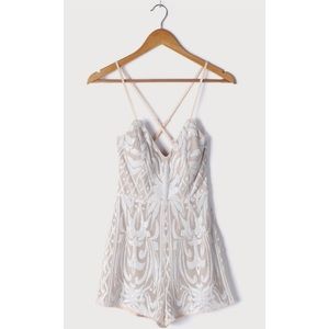 Lulus: Catch a Spark White and Beige Sequin Romper